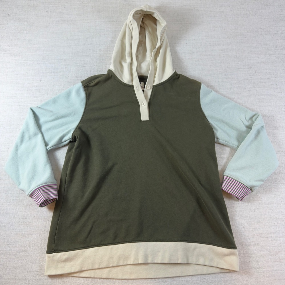 Lands End Serious Sweats Hoodie Womens L 14-16 Colorblock Henley Pullover